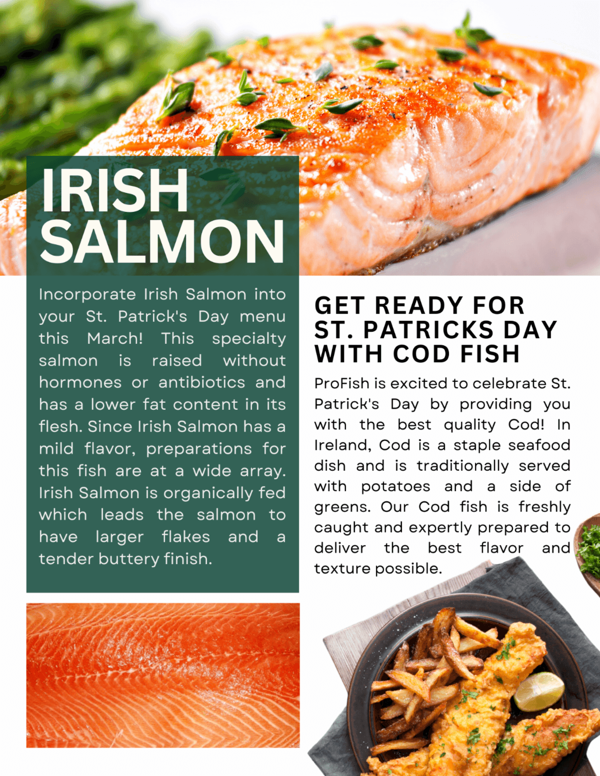 Side-by-side feature — Irish Salmon fillet on greens and Cod on a plated fish-and-chips