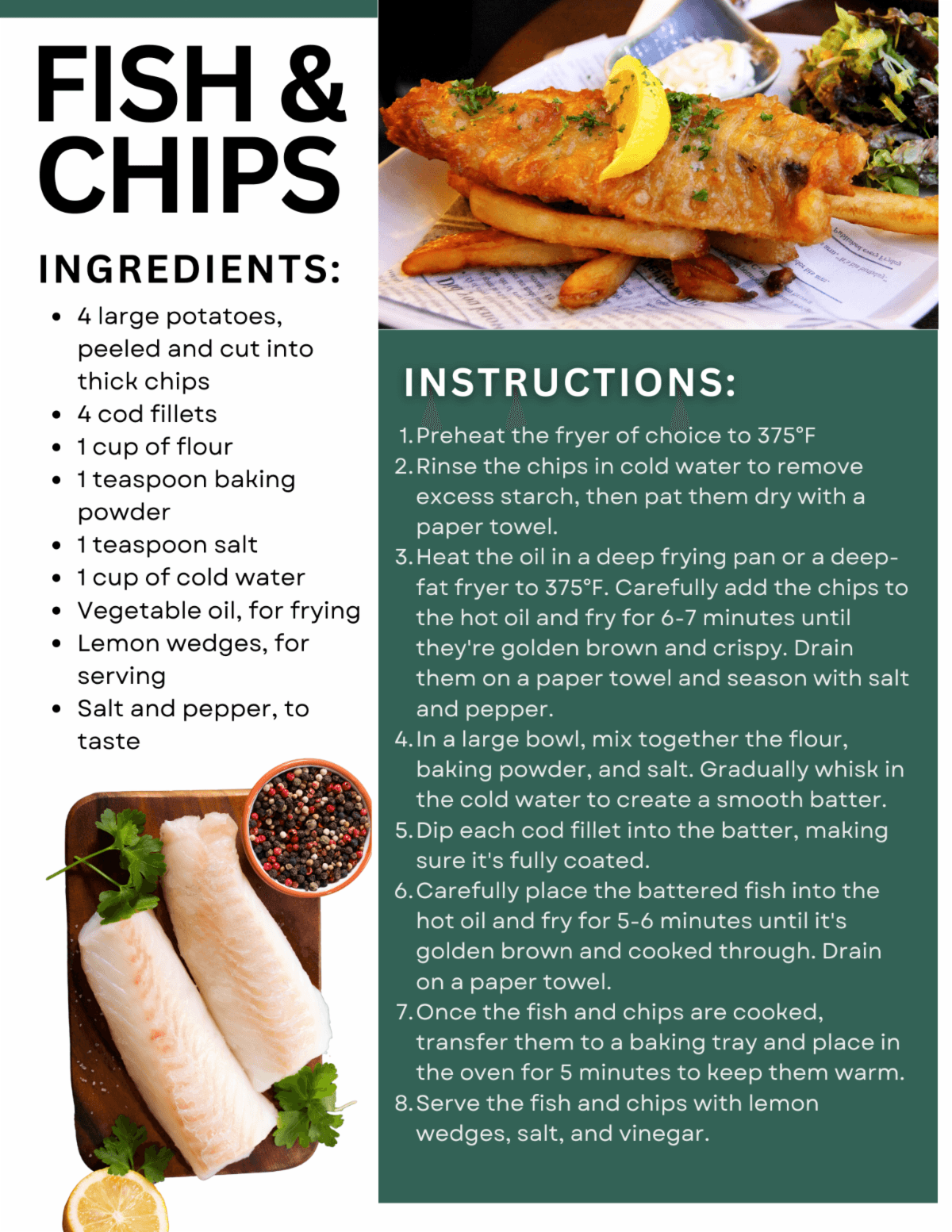 Fish & Chips recipe card — ingredients and step-by-step instructions with plated fish and chips