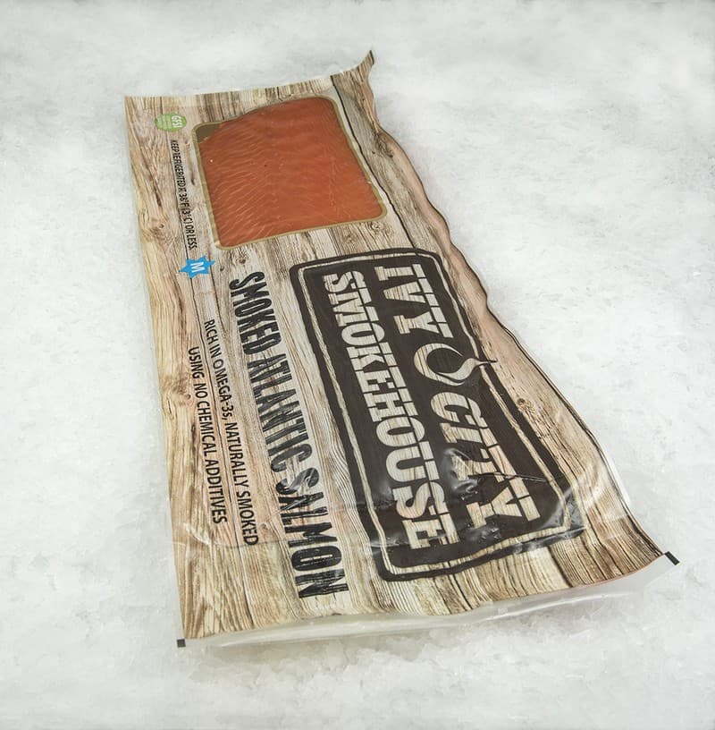 Pre-sliced cold-smoked salmon slab from Ivy City Smokehouse